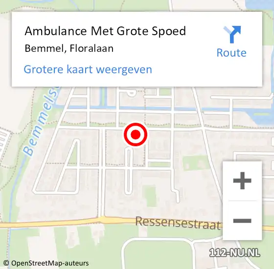 Locatie op kaart van de 112 melding: Ambulance Met Grote Spoed Naar Bemmel, Floralaan op 22 maart 2022 04:33