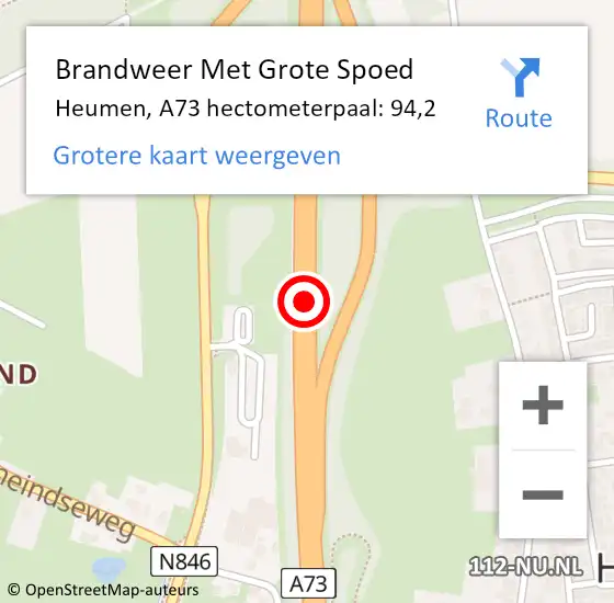 Locatie op kaart van de 112 melding: Brandweer Met Grote Spoed Naar Heumen, A73 hectometerpaal: 94,2 op 22 maart 2022 07:25