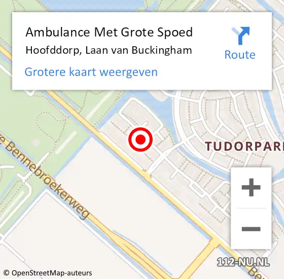 Locatie op kaart van de 112 melding: Ambulance Met Grote Spoed Naar Hoofddorp, Laan van Buckingham op 22 maart 2022 07:33