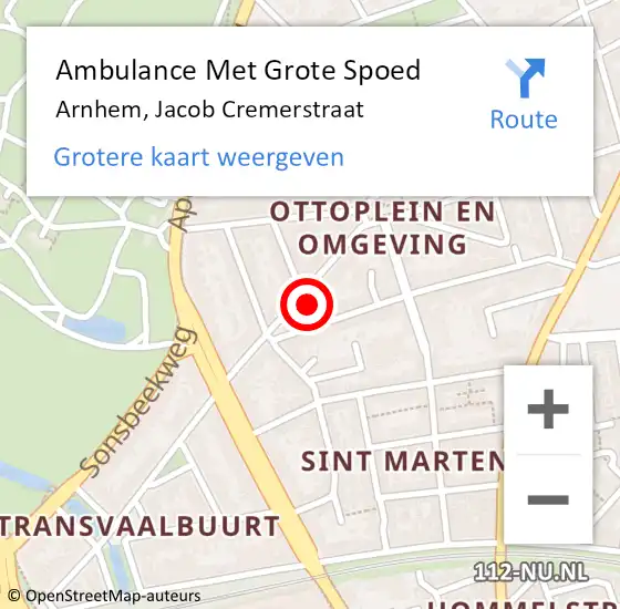 Locatie op kaart van de 112 melding: Ambulance Met Grote Spoed Naar Arnhem, Jacob Cremerstraat op 22 maart 2022 07:46