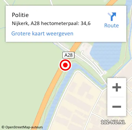 Locatie op kaart van de 112 melding: Politie Nijkerk, A28 hectometerpaal: 34,6 op 22 maart 2022 08:17