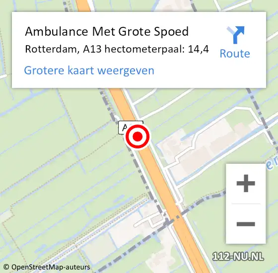Locatie op kaart van de 112 melding: Ambulance Met Grote Spoed Naar Rotterdam, A13 hectometerpaal: 14,4 op 22 maart 2022 08:43