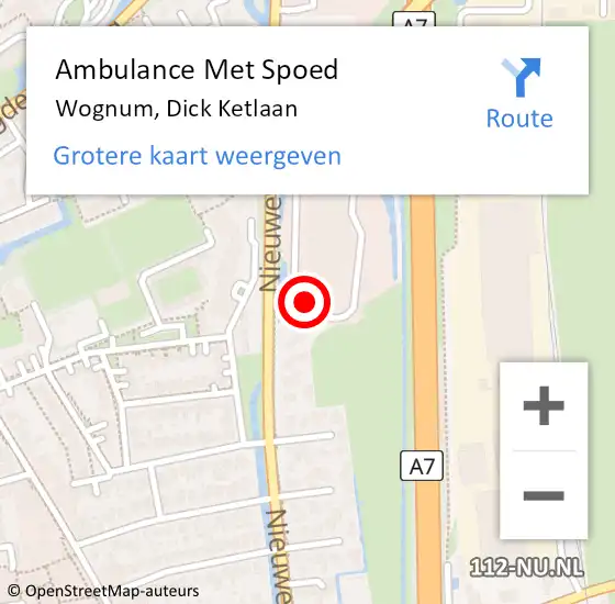 Locatie op kaart van de 112 melding: Ambulance Met Spoed Naar Wognum, Dick Ketlaan op 22 maart 2022 12:36