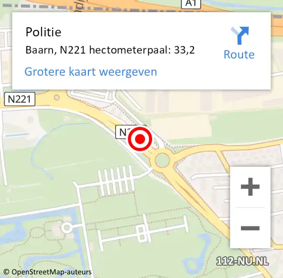 Locatie op kaart van de 112 melding: Politie Baarn, N221 hectometerpaal: 33,2 op 22 maart 2022 13:01