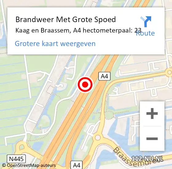 Locatie op kaart van de 112 melding: Brandweer Met Grote Spoed Naar Kaag en Braassem, A4 hectometerpaal: 23 op 22 maart 2022 13:27