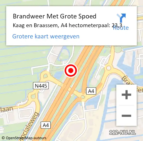 Locatie op kaart van de 112 melding: Brandweer Met Grote Spoed Naar Kaag en Braassem, A4 hectometerpaal: 23,3 op 22 maart 2022 13:28