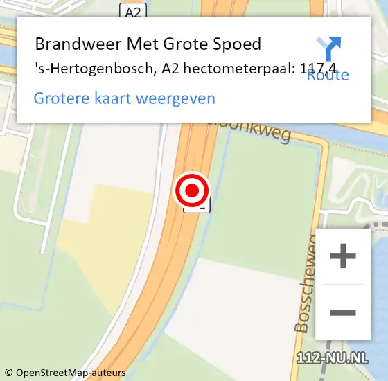 Locatie op kaart van de 112 melding: Brandweer Met Grote Spoed Naar 's-Hertogenbosch, A2 hectometerpaal: 117,4 op 22 maart 2022 22:08