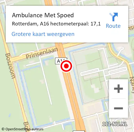 Locatie op kaart van de 112 melding: Ambulance Met Spoed Naar Rotterdam, A16 hectometerpaal: 17,1 op 23 maart 2022 05:39