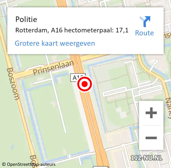 Locatie op kaart van de 112 melding: Politie Rotterdam, A16 hectometerpaal: 17,1 op 23 maart 2022 05:39