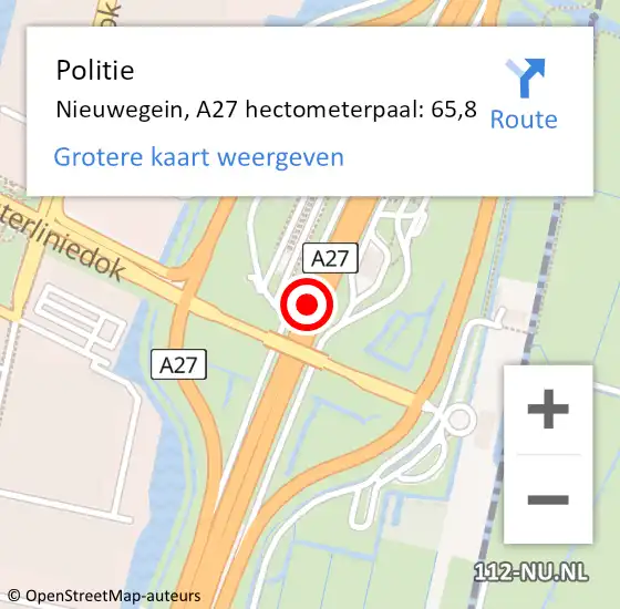 Locatie op kaart van de 112 melding: Politie Nieuwegein, A27 hectometerpaal: 65,8 op 23 maart 2022 07:56