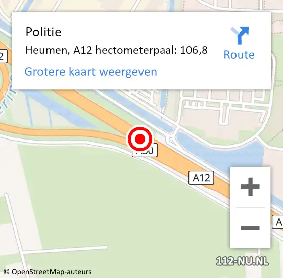 Locatie op kaart van de 112 melding: Politie Heumen, A12 hectometerpaal: 106,8 op 23 maart 2022 08:18