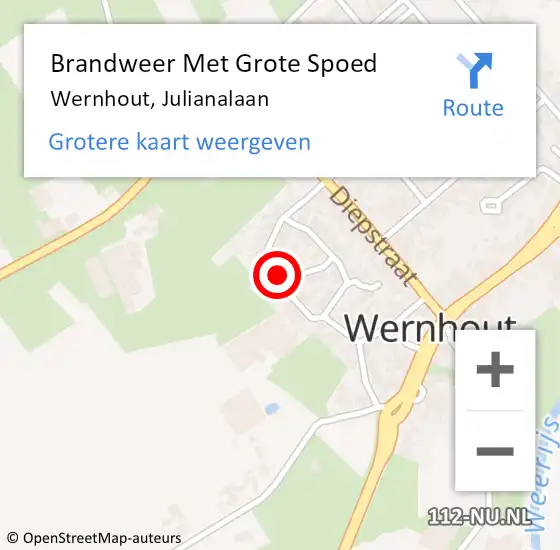 Locatie op kaart van de 112 melding: Brandweer Met Grote Spoed Naar Wernhout, Julianalaan op 23 maart 2022 10:18