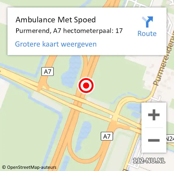 Locatie op kaart van de 112 melding: Ambulance Met Spoed Naar Purmerend, A7 hectometerpaal: 17 op 23 maart 2022 10:49