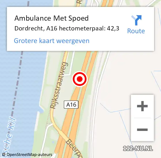 Locatie op kaart van de 112 melding: Ambulance Met Spoed Naar Dordrecht, A16 hectometerpaal: 42,3 op 23 maart 2022 14:07