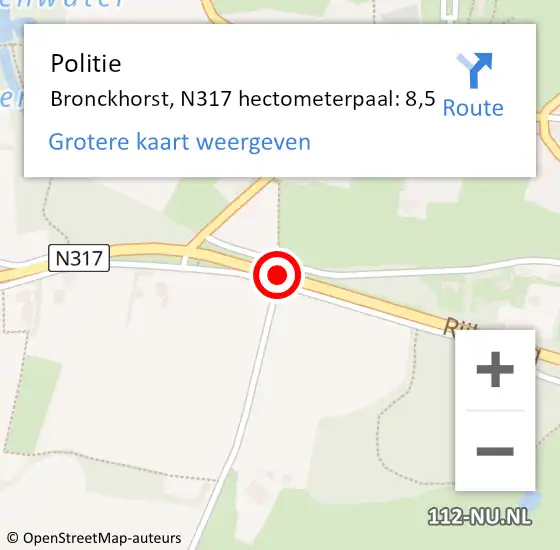 Locatie op kaart van de 112 melding: Politie Bronckhorst, N317 hectometerpaal: 8,5 op 23 maart 2022 14:22