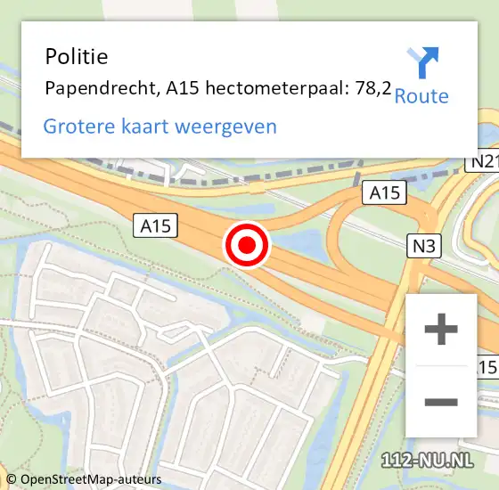 Locatie op kaart van de 112 melding: Politie Papendrecht, A15 hectometerpaal: 78,2 op 23 maart 2022 15:08