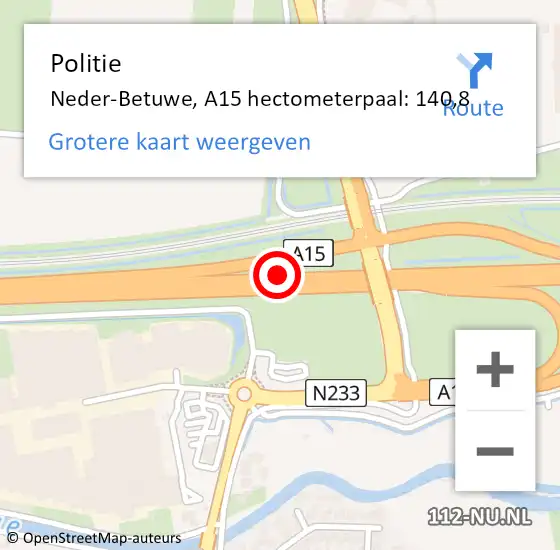 Locatie op kaart van de 112 melding: Politie Neder-Betuwe, A15 hectometerpaal: 140,8 op 23 maart 2022 21:30