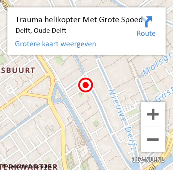 Locatie op kaart van de 112 melding: Trauma helikopter Met Grote Spoed Naar Delft, Oude Delft op 23 maart 2022 22:14