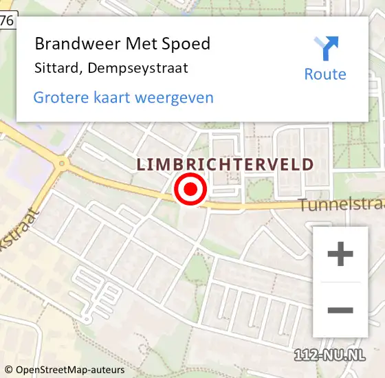 Locatie op kaart van de 112 melding: Brandweer Met Spoed Naar Sittard, Dempseystraat op 24 maart 2022 00:43