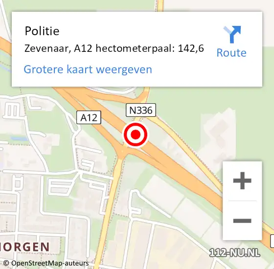 Locatie op kaart van de 112 melding: Politie Zevenaar, A12 hectometerpaal: 142,6 op 24 maart 2022 07:35