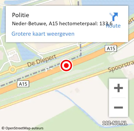 Locatie op kaart van de 112 melding: Politie Neder-Betuwe, A15 hectometerpaal: 133,6 op 24 maart 2022 08:18