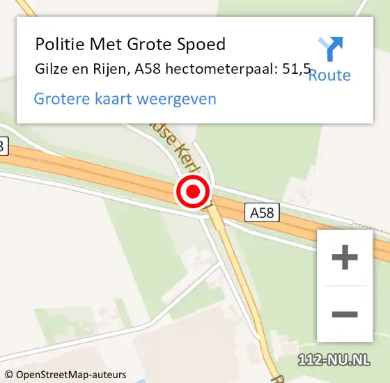 Locatie op kaart van de 112 melding: Politie Met Grote Spoed Naar Gilze en Rijen, A58 hectometerpaal: 51,5 op 24 maart 2022 08:26