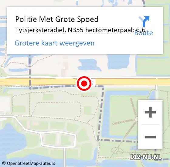 Locatie op kaart van de 112 melding: Politie Met Grote Spoed Naar Tytsjerksteradiel, N355 hectometerpaal: 6,6 op 24 maart 2022 12:26
