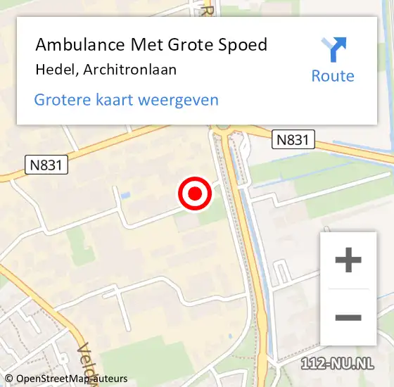 Locatie op kaart van de 112 melding: Ambulance Met Grote Spoed Naar Hedel, Architronlaan op 24 maart 2022 13:28