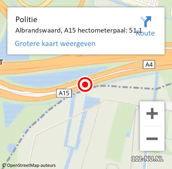 Locatie op kaart van de 112 melding: Politie Albrandswaard, A15 hectometerpaal: 51,1 op 24 maart 2022 13:44