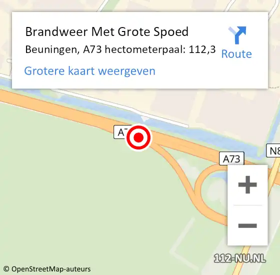 Locatie op kaart van de 112 melding: Brandweer Met Grote Spoed Naar Beuningen, A73 hectometerpaal: 112,3 op 24 maart 2022 14:23