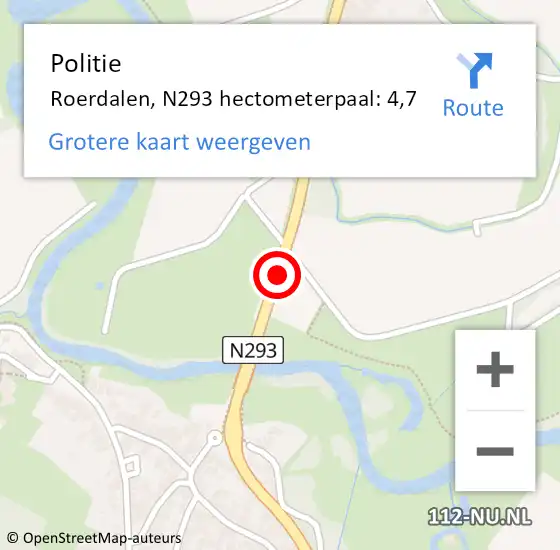 Locatie op kaart van de 112 melding: Politie Roerdalen, N293 hectometerpaal: 4,7 op 24 maart 2022 14:24