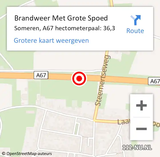 Locatie op kaart van de 112 melding: Brandweer Met Grote Spoed Naar Someren, A67 hectometerpaal: 36,3 op 24 maart 2022 15:26