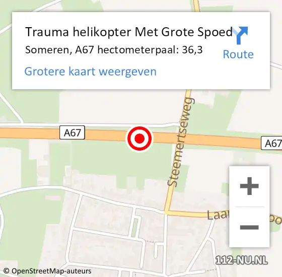 Locatie op kaart van de 112 melding: Trauma helikopter Met Grote Spoed Naar Someren, A67 hectometerpaal: 36,3 op 24 maart 2022 15:28
