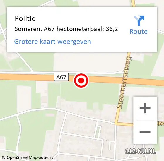 Locatie op kaart van de 112 melding: Politie Someren, A67 hectometerpaal: 36,2 op 24 maart 2022 15:29