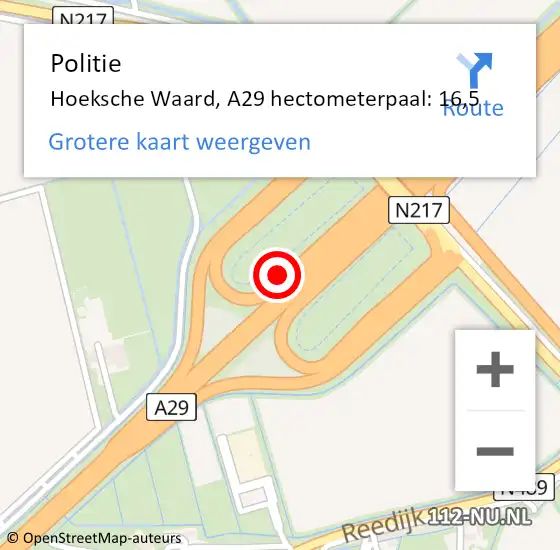 Locatie op kaart van de 112 melding: Politie Hoeksche Waard, A29 hectometerpaal: 16,5 op 24 maart 2022 16:09