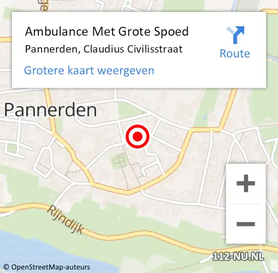 Locatie op kaart van de 112 melding: Ambulance Met Grote Spoed Naar Pannerden, Claudius Civilisstraat op 24 maart 2022 18:10