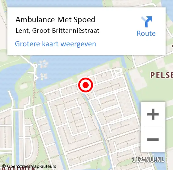 Locatie op kaart van de 112 melding: Ambulance Met Spoed Naar Lent, Groot-Brittanniëstraat op 24 maart 2022 19:46