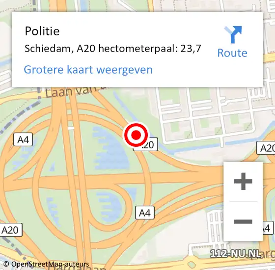 Locatie op kaart van de 112 melding: Politie Schiedam, A20 hectometerpaal: 23,7 op 25 maart 2022 00:53