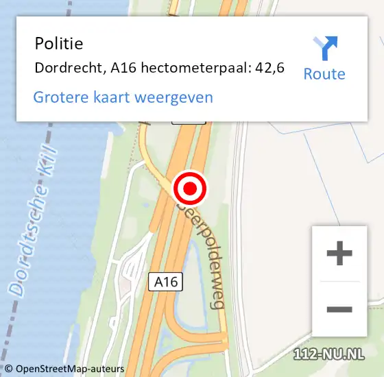 Locatie op kaart van de 112 melding: Politie Dordrecht, A16 hectometerpaal: 42,6 op 25 maart 2022 01:13