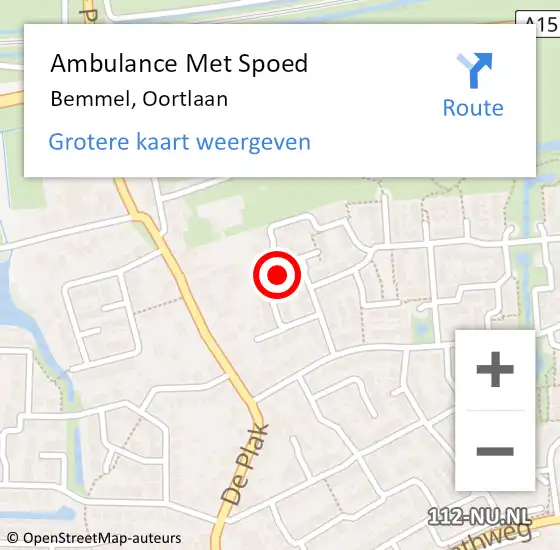 Locatie op kaart van de 112 melding: Ambulance Met Spoed Naar Bemmel, Oortlaan op 25 maart 2022 05:09