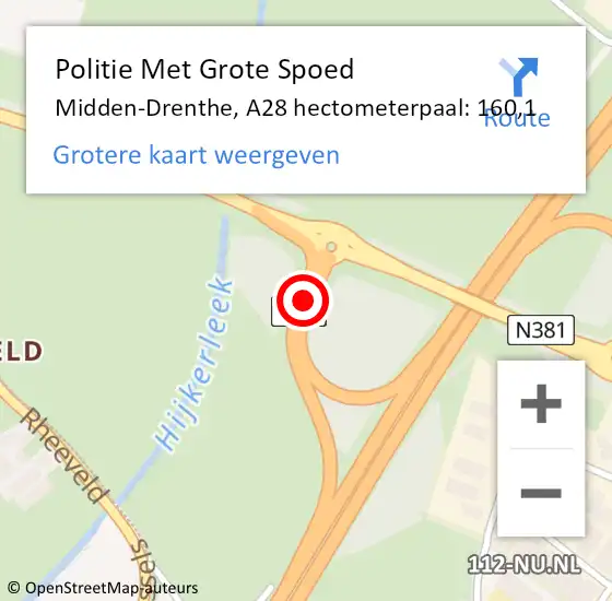 Locatie op kaart van de 112 melding: Politie Met Grote Spoed Naar Midden-Drenthe, A28 hectometerpaal: 160,1 op 25 maart 2022 08:27