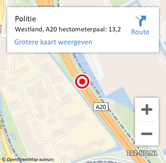 Locatie op kaart van de 112 melding: Politie Westland, A20 hectometerpaal: 13,2 op 25 maart 2022 11:02