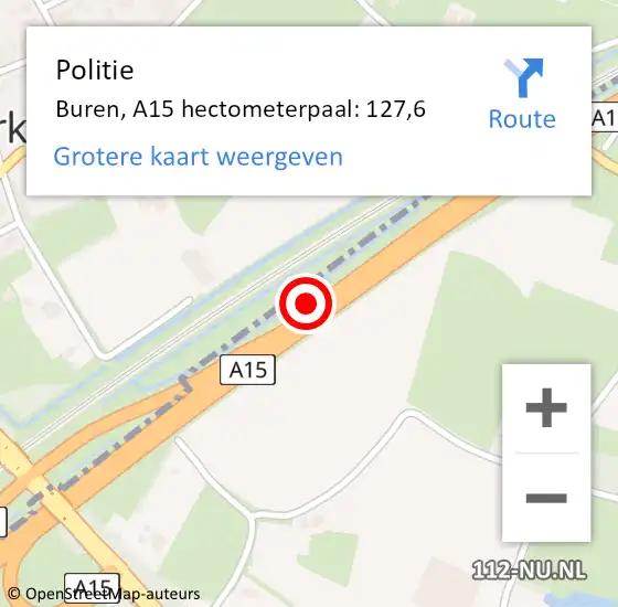 Locatie op kaart van de 112 melding: Politie Buren, A15 hectometerpaal: 127,6 op 25 maart 2022 11:14