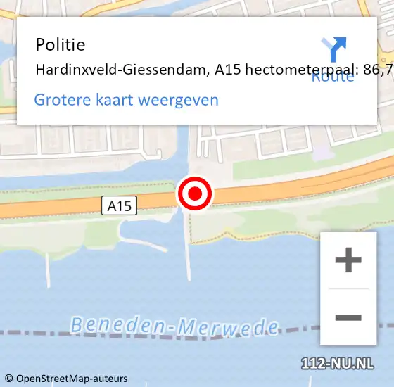 Locatie op kaart van de 112 melding: Politie Hardinxveld-Giessendam, A15 hectometerpaal: 86,7 op 25 maart 2022 12:10