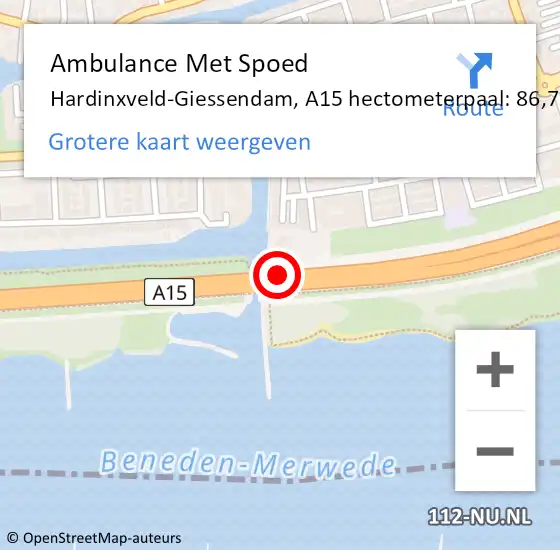 Locatie op kaart van de 112 melding: Ambulance Met Spoed Naar Hardinxveld-Giessendam, A15 hectometerpaal: 86,7 op 25 maart 2022 12:15