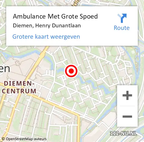 Locatie op kaart van de 112 melding: Ambulance Met Grote Spoed Naar Diemen, Henry Dunantlaan op 25 maart 2022 14:05