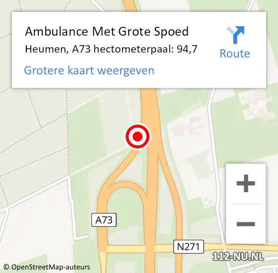 Locatie op kaart van de 112 melding: Ambulance Met Grote Spoed Naar Heumen, A73 hectometerpaal: 94,7 op 25 maart 2022 15:00