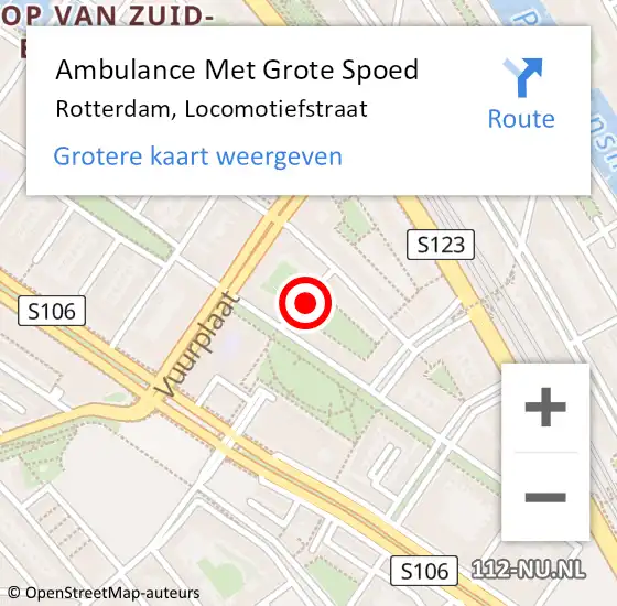 Locatie op kaart van de 112 melding: Ambulance Met Grote Spoed Naar Rotterdam, Locomotiefstraat op 25 maart 2022 15:16