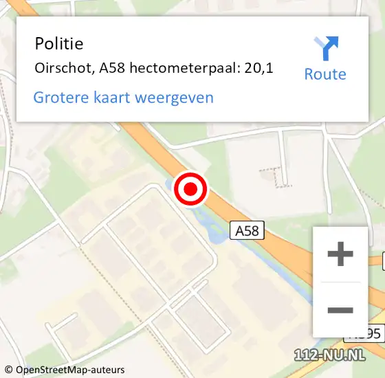 Locatie op kaart van de 112 melding: Politie Oirschot, A58 hectometerpaal: 20,1 op 25 maart 2022 15:30