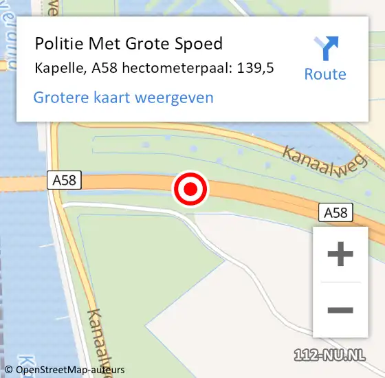 Locatie op kaart van de 112 melding: Politie Met Grote Spoed Naar Kapelle, A58 hectometerpaal: 139,5 op 25 maart 2022 15:32